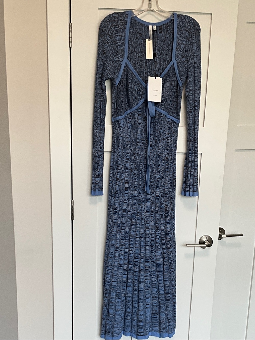 Blue Long-Sleeve Ribbed Maxi Dress with Front Tie